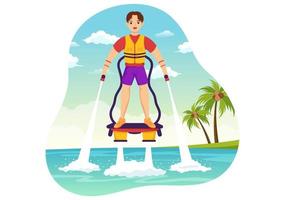 ilustración de flyboard con personas montando jet pack en vacaciones de verano en la playa en plantillas dibujadas a mano de dibujos animados de actividades deportivas acuáticas extremas planas vector