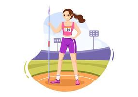 ilustración de atleta de lanzamiento de jabalina usando una herramienta en forma de lanza larga para lanzar una plantilla dibujada a mano de dibujos animados planos de actividad deportiva vector