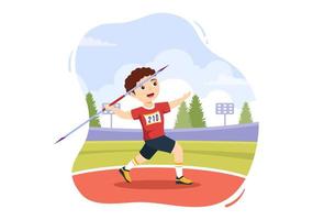 ilustración de atleta de niños de lanzamiento de jabalina usando una herramienta en forma de lanza larga para lanzar una plantilla dibujada a mano de dibujos animados planos de actividad deportiva vector