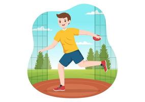 lanzamiento de disco jugando ilustración de atletismo con lanzar una placa de madera en plantillas dibujadas a mano de dibujos animados planos de campeonato deportivo vector