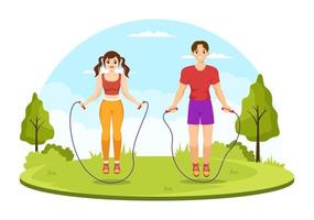 ilustración de saltar la cuerda con personas jugando saltando ropa deportiva en actividades deportivas de fitness en interiores plantillas dibujadas a mano de dibujos animados planos vector