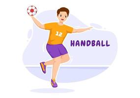 ilustración de balonmano de un jugador que toca la pelota con la mano y marca un gol en una plantilla de dibujo a mano de caricatura plana de competencia deportiva vector