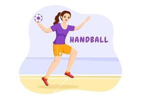 ilustración de balonmano de un jugador que toca la pelota con la mano y marca un gol en una plantilla de dibujo a mano de caricatura plana de competencia deportiva vector