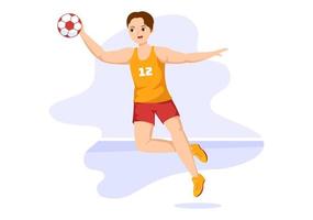 ilustración de balonmano de un jugador que toca la pelota con la mano y marca un gol en una plantilla de dibujo a mano de caricatura plana de competencia deportiva vector