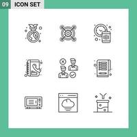 Set of 9 Modern UI Icons Symbols Signs for user phone book gear contacts waste Editable Vector Design Elements