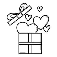 Hand drawn icon of gift box with hearts and bows in doodle style. vector