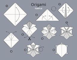 Tutorial turtle origami scheme. isolated origami elements on grey backdrop. Origami for kids. Step by step how to make origami . Vector illustration.