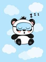 Vector illustration with cute cartoon baby panda in Sleep mask on blue backdrop with clouds. Vector illustration for any use.