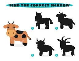 Find correct shadow. Funny cartoon farm animals. Education and activity game for children. Vector illustration.