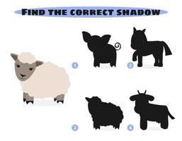 Find correct shadow. Funny cartoon farm animals. Education and activity game for children. Vector illustration.