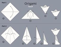 Tutorial Tulip origami scheme. isolated origami elements on grey backdrop. Origami for kids. Step by step how to make origami flower. Vector illustration.