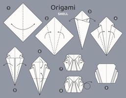 Tutorial Shell origami scheme. isolated origami elements on grey backdrop. Origami for kids. Step by step how to make origami shell. Vector illustration.