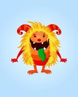 Happy cartoon Monster with red fur and horns. Colorful isolated Vector illustration for any use.