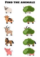 Who are hiding, matching game with isolated farm animals for children. Education game for kids. Preschool worksheet activity. Vector illustration