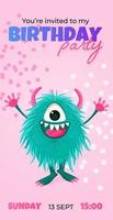 invitation card to Birthday party template with cute cartoon Monster. Invitation for kids. Vector illustration