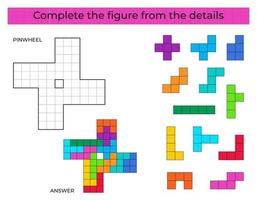 completa la figura. juego de rompecabezas con molinete. juego educativo para niños, actividad de la hoja de trabajo preescolar. juego de tetris vector