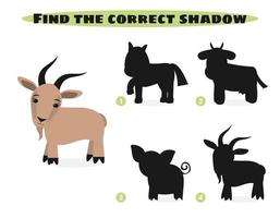 Find correct shadow. Funny cartoon farm animals. Education and activity game for children. Vector illustration.