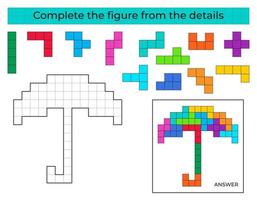 completa la figura. juego de rompecabezas con paraguas. juego educativo para niños, actividad de la hoja de trabajo preescolar. juego de tetris vector