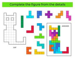 Complete the figure. Puzzle game with cat. Education game for kids, preschool worksheet activity. Tetris game. vector