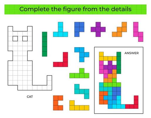 Complete the figure. Puzzle game with cat. Education game for kids, preschool worksheet activity. Tetris game.