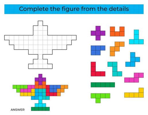 Complete the figure. Puzzle game with falcon. Education game for kids, preschool worksheet activity. Tetris game.