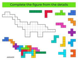 Complete the figure. Puzzle game with dinosaur. Education game for kids, preschool worksheet activity. Tetris game. vector