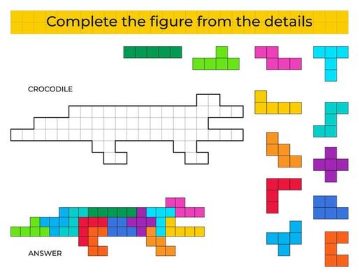 Complete the figure. Puzzle game with crocodile. Education game for kids, preschool worksheet activity. Tetris game.