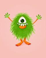 Happy cartoon Monster with green fur and fangs. Colorful isolated Vector illustration for any use.