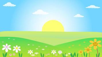 primavera prado verde campos paisaje con montaña, cielo azul y fondo de nubes, ilustración vectorial de dibujos animados para la primavera vector