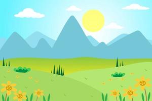 primavera prado verde campos paisaje con montaña, cielo azul y fondo de nubes, ilustración vectorial de dibujos animados para la primavera vector