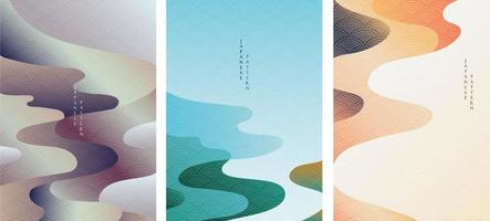Abstract art background with Japanese wave pattern vector. Flow and dynamic banner design with gradient element in vintage style. vector