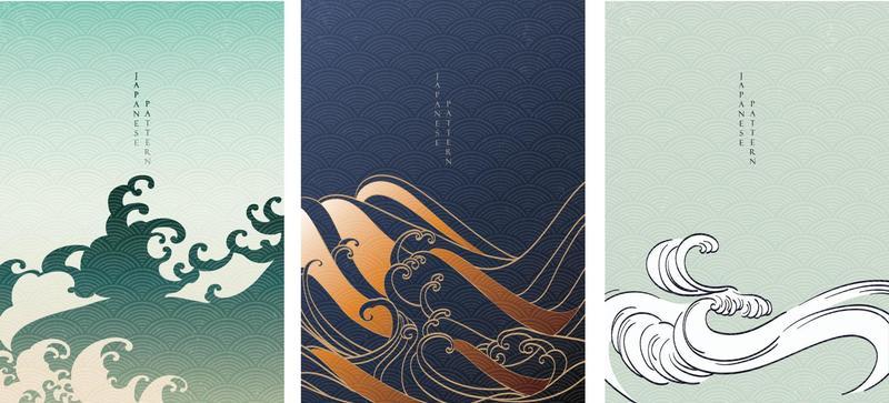 Japanese background with line pattern vector. Abstract landscape template with Asian icon elements. Fuji mountain, bamboo and bonsai symbol in vintage style.