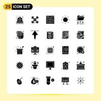 Pack of 25 creative Solid Glyphs of network files code data sun Editable Vector Design Elements