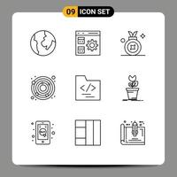 Editable Vector Line Pack of 9 Simple Outlines of adventure file award badge folder earth Editable Vector Design Elements