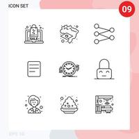 Stock Vector Icon Pack of 9 Line Signs and Symbols for time clockwise science clock chat Editable Vector Design Elements