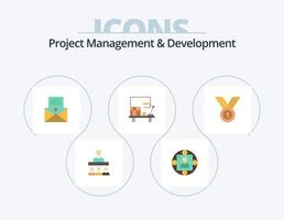 gestión y desarrollo de proyectos paquete de iconos planos 5 diseño de iconos. ganador. oficina. producción. escritorio. reproductor de video vector