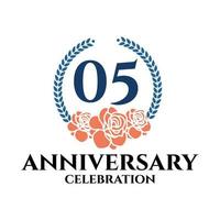 05th anniversary logo with rose and laurel wreath, vector template for birthday celebration.