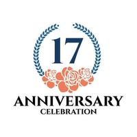 17th anniversary logo with rose and laurel wreath, vector template for birthday celebration.