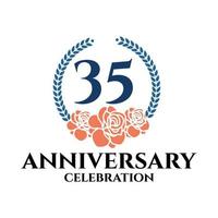 Logo del 35 aniversario con rosa y corona de laurel, plantilla vectorial para celebración de cumpleaños. vector