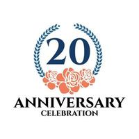 20th anniversary logo with rose and laurel wreath, vector template for birthday celebration.