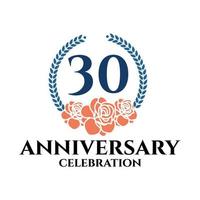 Logo del 30 aniversario con rosa y corona de laurel, plantilla vectorial para celebración de cumpleaños. vector