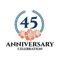 45th anniversary logo with rose and laurel wreath, vector template for birthday celebration.