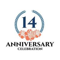 14th anniversary logo with rose and laurel wreath, vector template for birthday celebration.