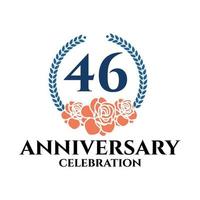 46th anniversary logo with rose and laurel wreath, vector template for birthday celebration.