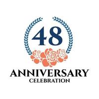 48th anniversary logo with rose and laurel wreath, vector template for birthday celebration.