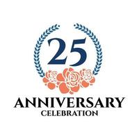 25th anniversary logo with rose and laurel wreath, vector template for birthday celebration.