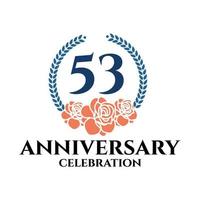 53rd anniversary logo with rose and laurel wreath, vector template for birthday celebration.