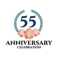 55th anniversary logo with rose and laurel wreath, vector template for birthday celebration.