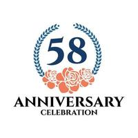 58th anniversary logo with rose and laurel wreath, vector template for birthday celebration.