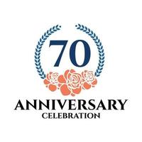 Logo del 70 aniversario con corona de rosa y laurel, plantilla vectorial para celebración de cumpleaños. vector